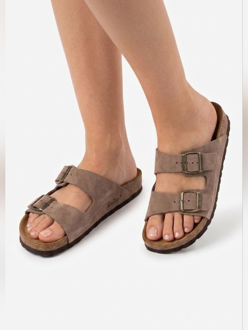 BioStep Spain Suede Taupe Double Strap Cork Sandals,S 8